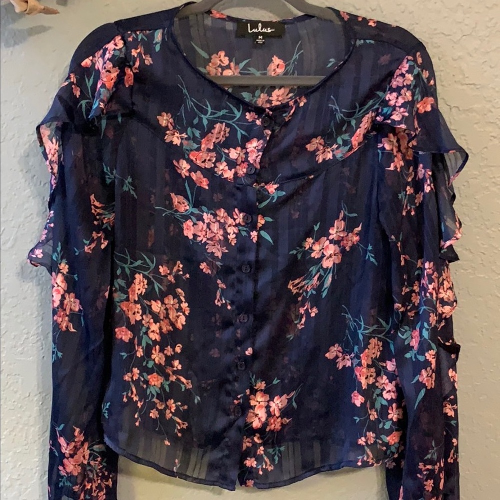 Sheer Navy Long Sleeve Floral Top